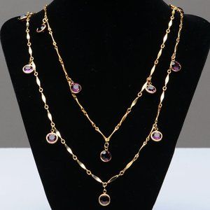 Long Gold Tone & Amethyst Crystal Necklace Vintage